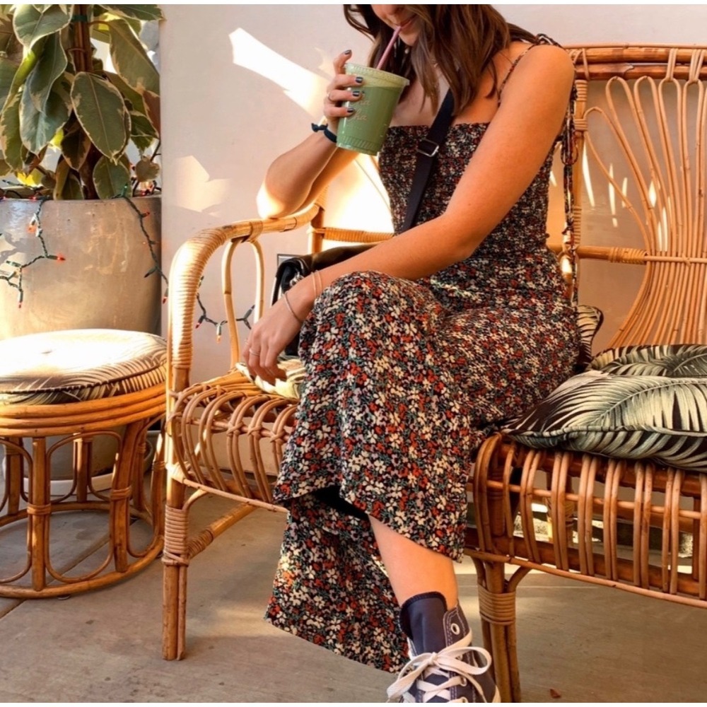 Reformation‎ Wide Leg Floral Jumpsuit Womens XS Smocked Bodice Tie Strap Boho